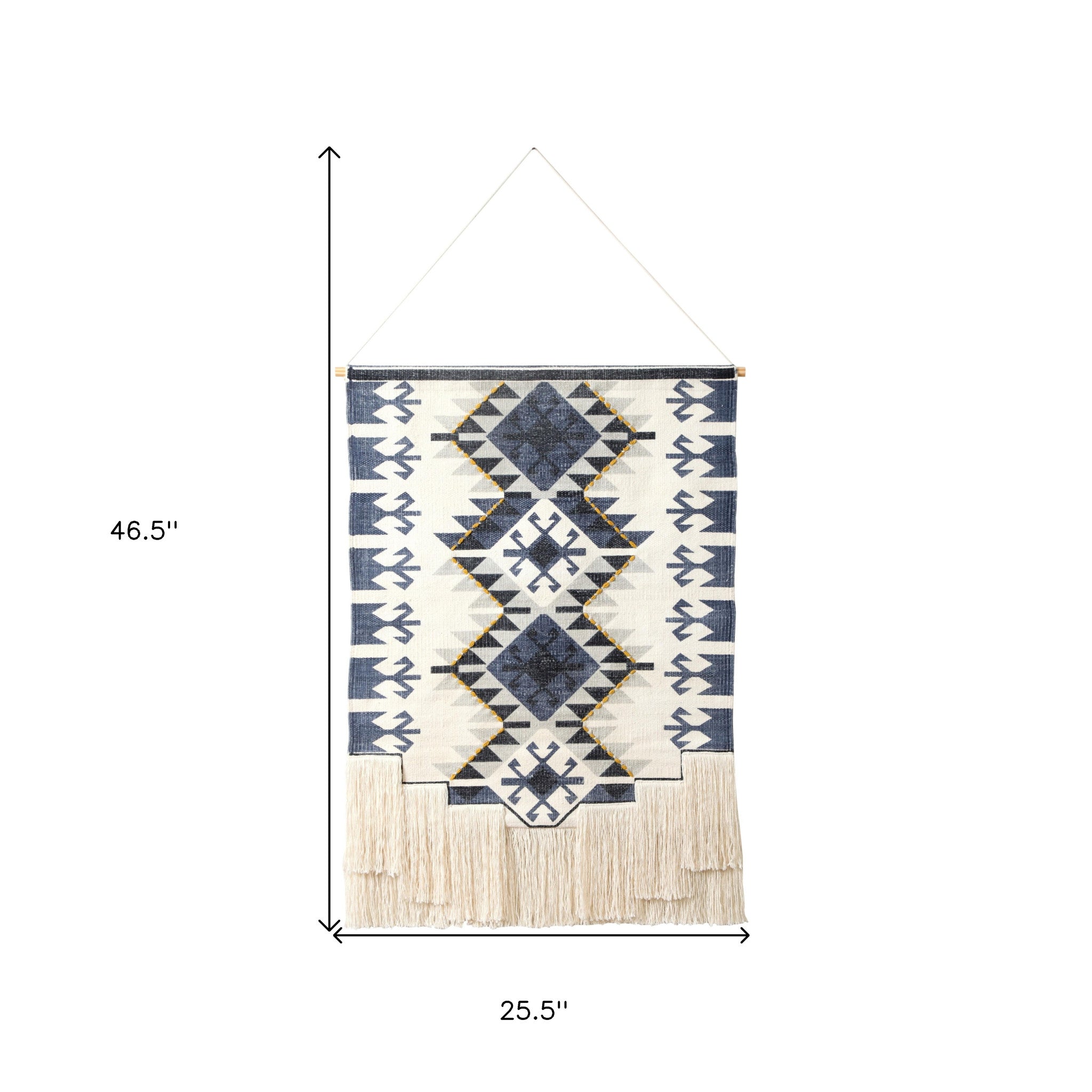 26" X 47" Blue and Off White Southwestern Cotton Macrame Hanging Tapestry Wall Decor