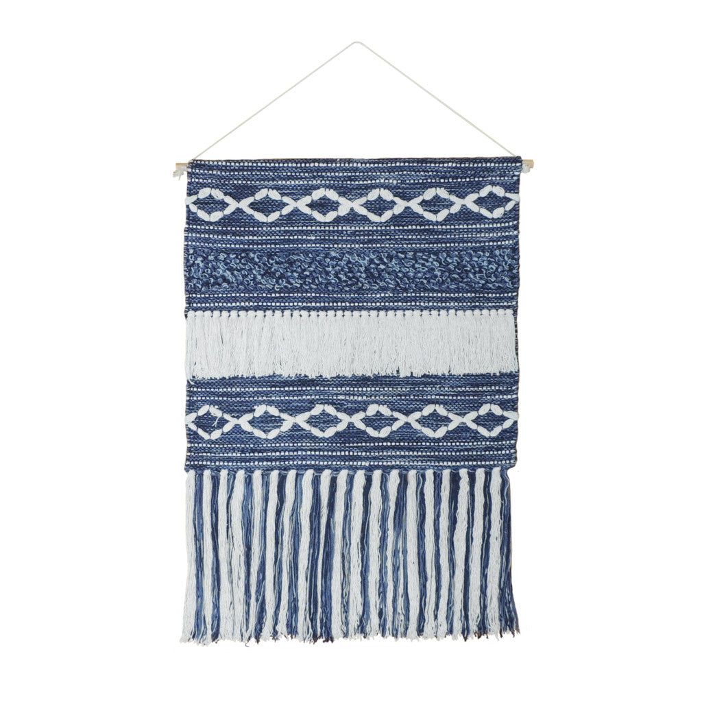 26" X 51" Denim Blue and White Geometric Cotton Macrame Hanging Tapestry Wall Decor