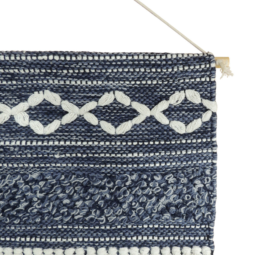 26" X 51" Denim Blue and White Geometric Cotton Macrame Hanging Tapestry Wall Decor