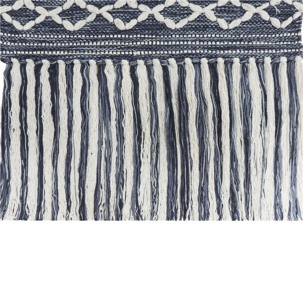 26" X 51" Denim Blue and White Geometric Cotton Macrame Hanging Tapestry Wall Decor