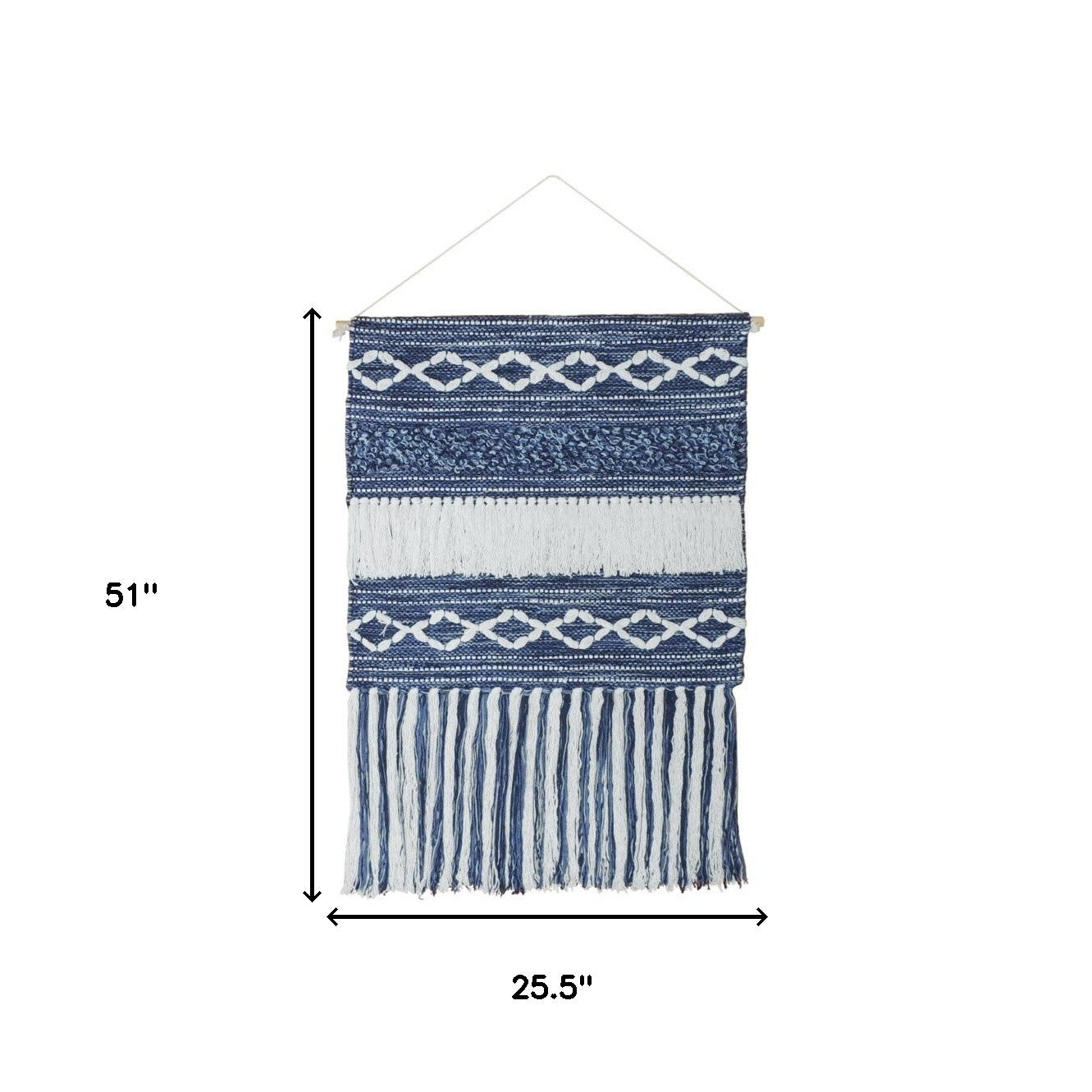 26" X 51" Denim Blue and White Geometric Cotton Macrame Hanging Tapestry Wall Decor