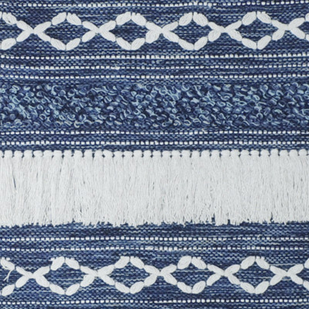 26" X 51" Denim Blue and White Geometric Cotton Macrame Hanging Tapestry Wall Decor