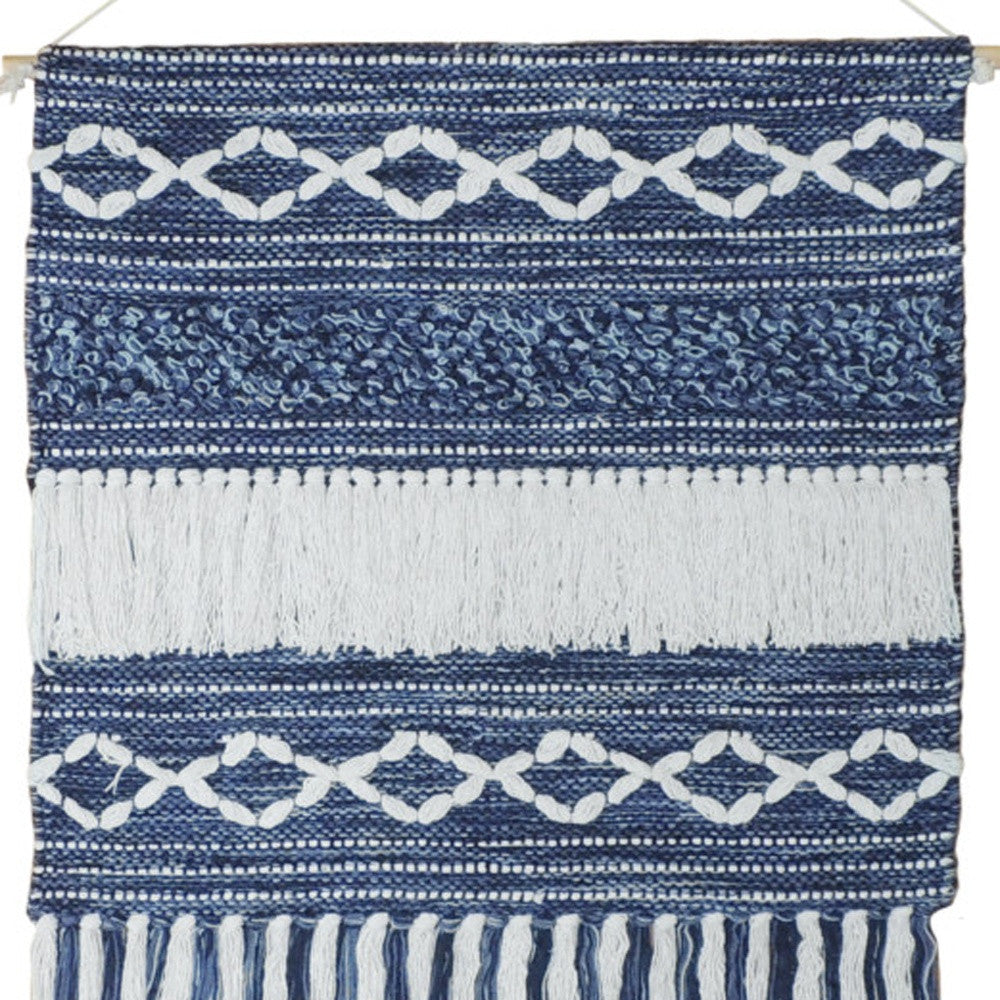 26" X 51" Denim Blue and White Geometric Cotton Macrame Hanging Tapestry Wall Decor