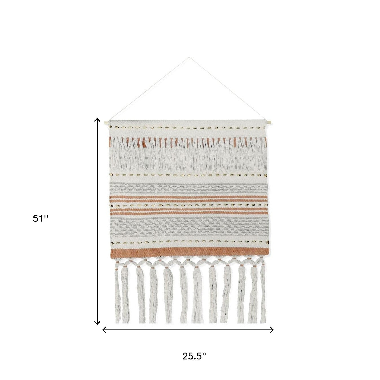 26" X 51" Beige and Rust Geo Stripe Cotton Macrame Hanging Tapestry Wall Decor