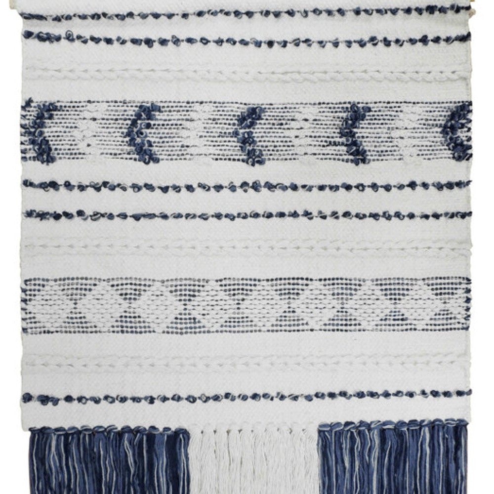 26" X 51" White and Blue Geo Stripe Cotton Macrame Hanging Tapestry Wall Decor