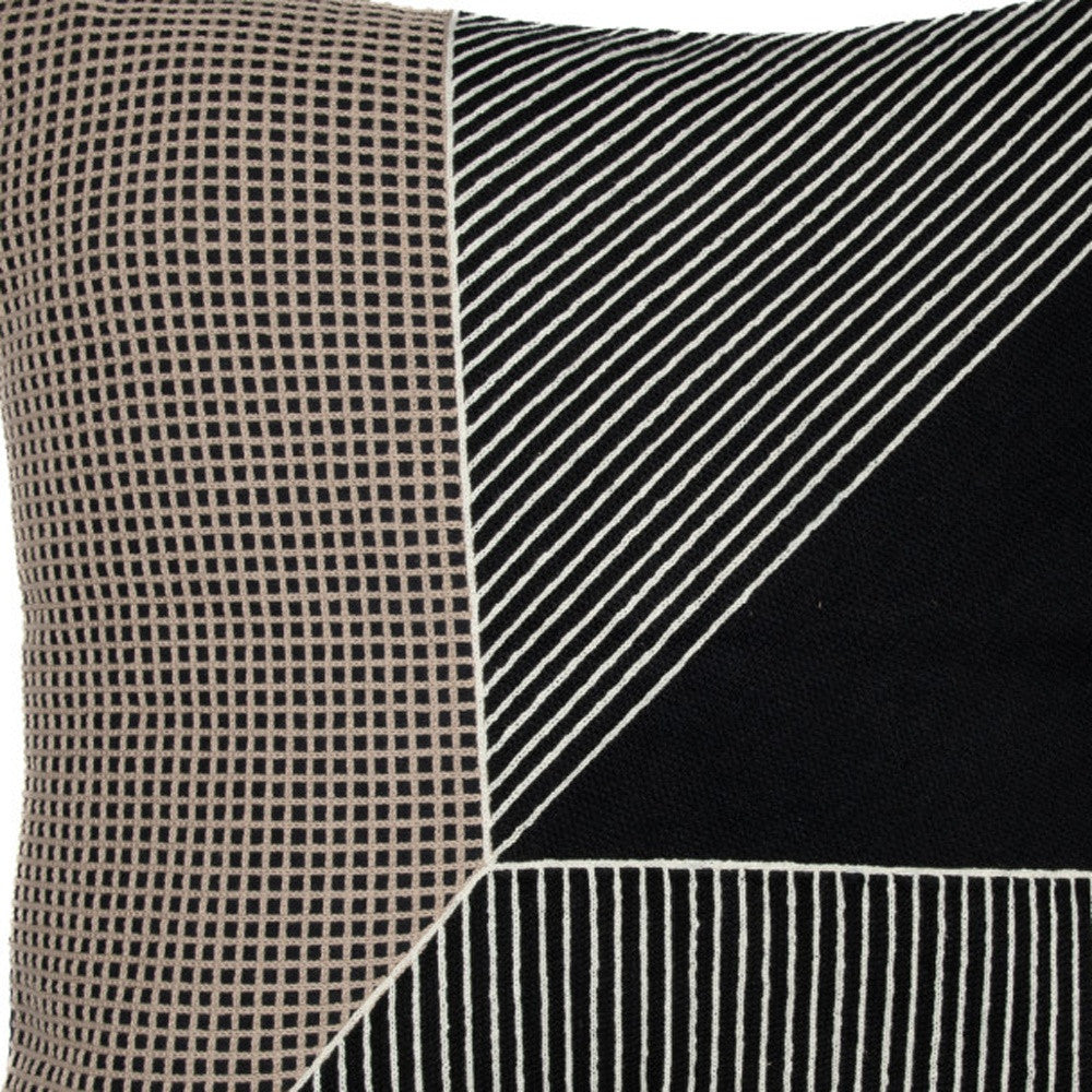 20" Black and White Geometric Cotton Throw Pillow With Embroidery