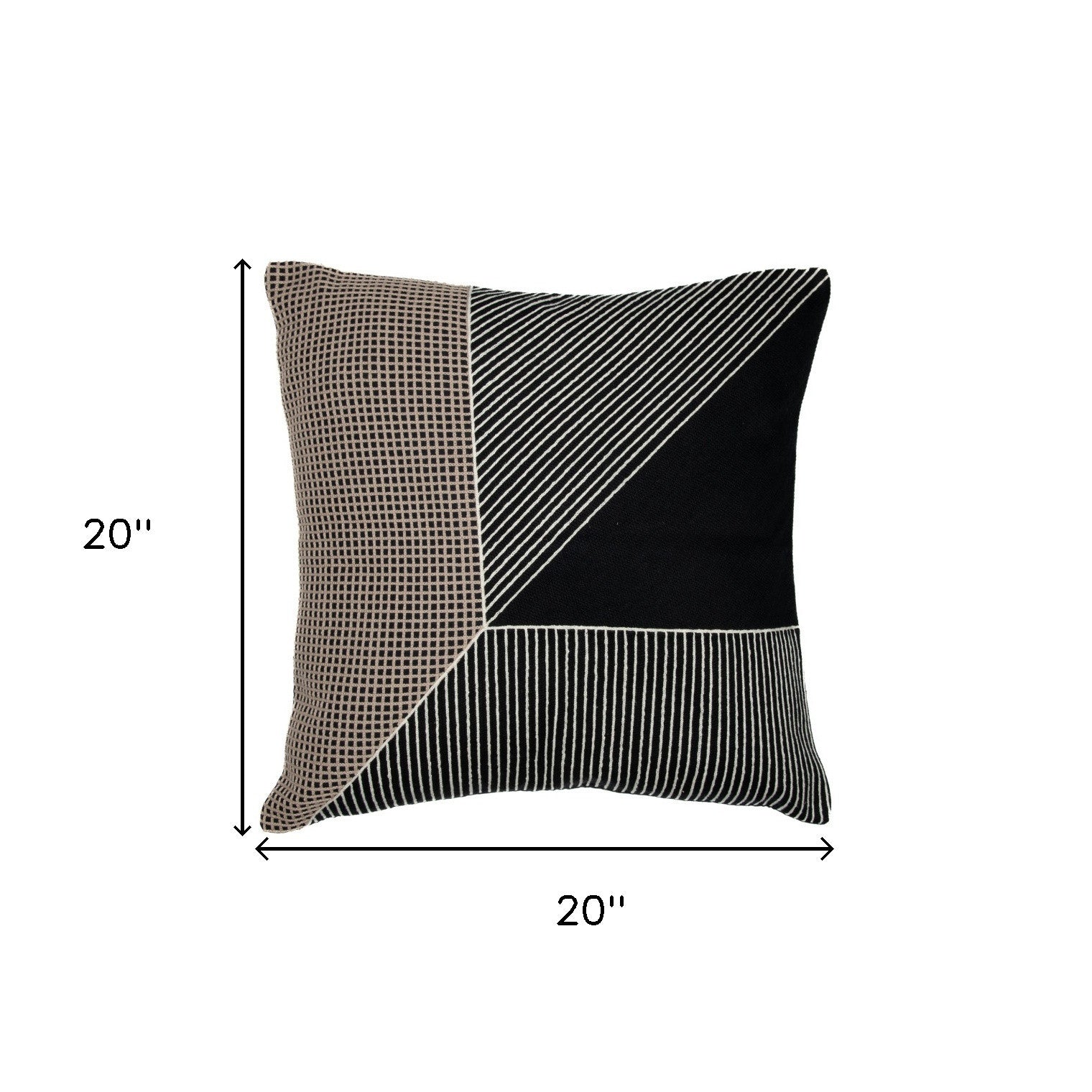 20" Black and White Geometric Cotton Throw Pillow With Embroidery