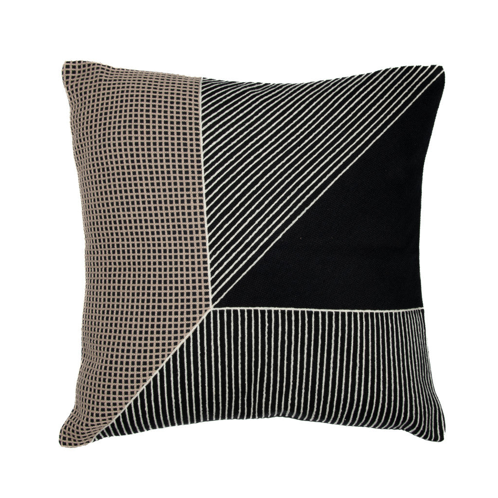 20" Black and White Geometric Cotton Throw Pillow With Embroidery