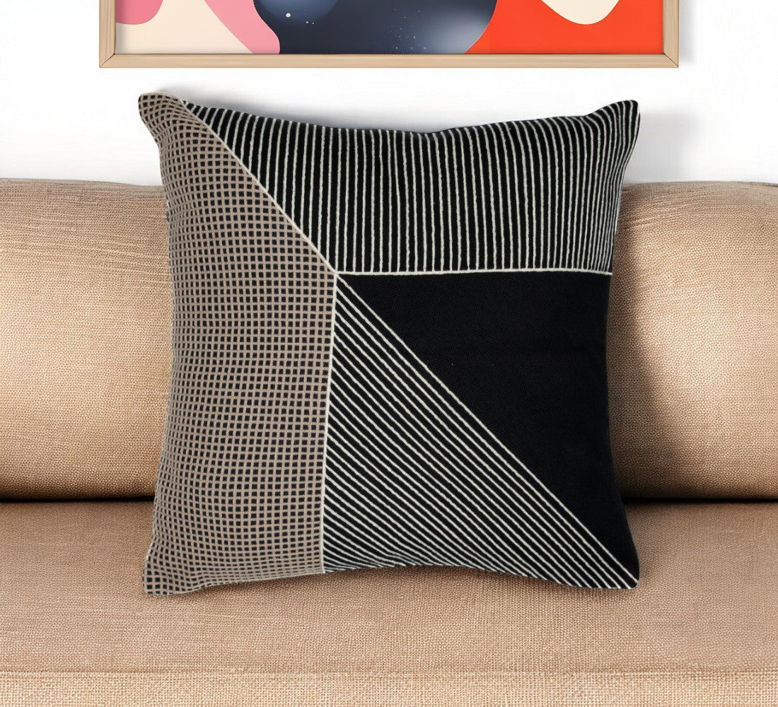 20" Black and White Geometric Cotton Throw Pillow With Embroidery