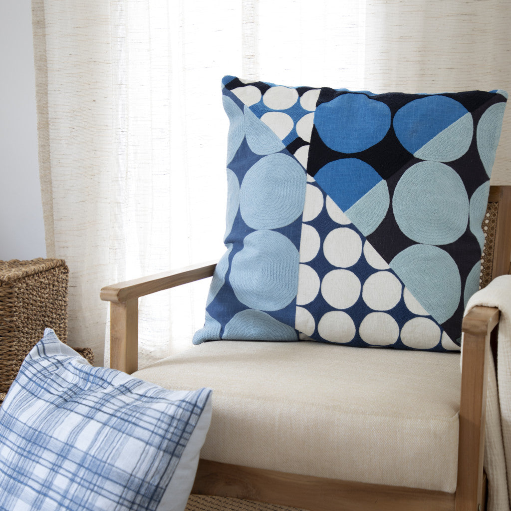 20" Blue and Ivory Geometric Cotton Throw Pillow  With Embroidery