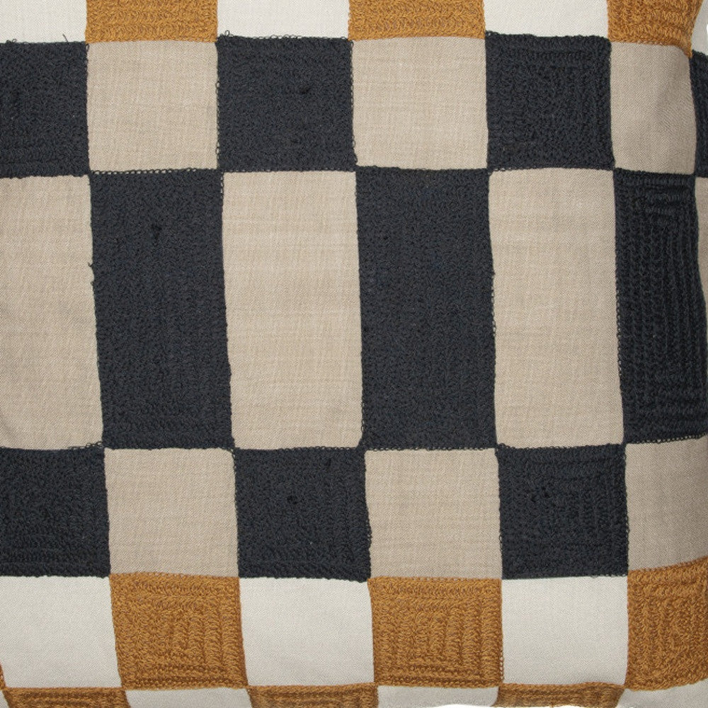 20" Navy Blue Check Throw Pillow With Embroidery