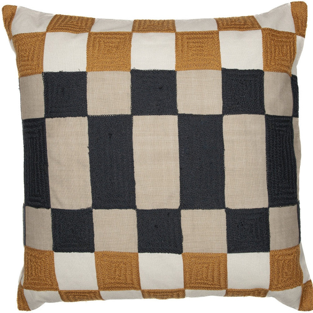 20" Navy Blue Check Throw Pillow With Embroidery