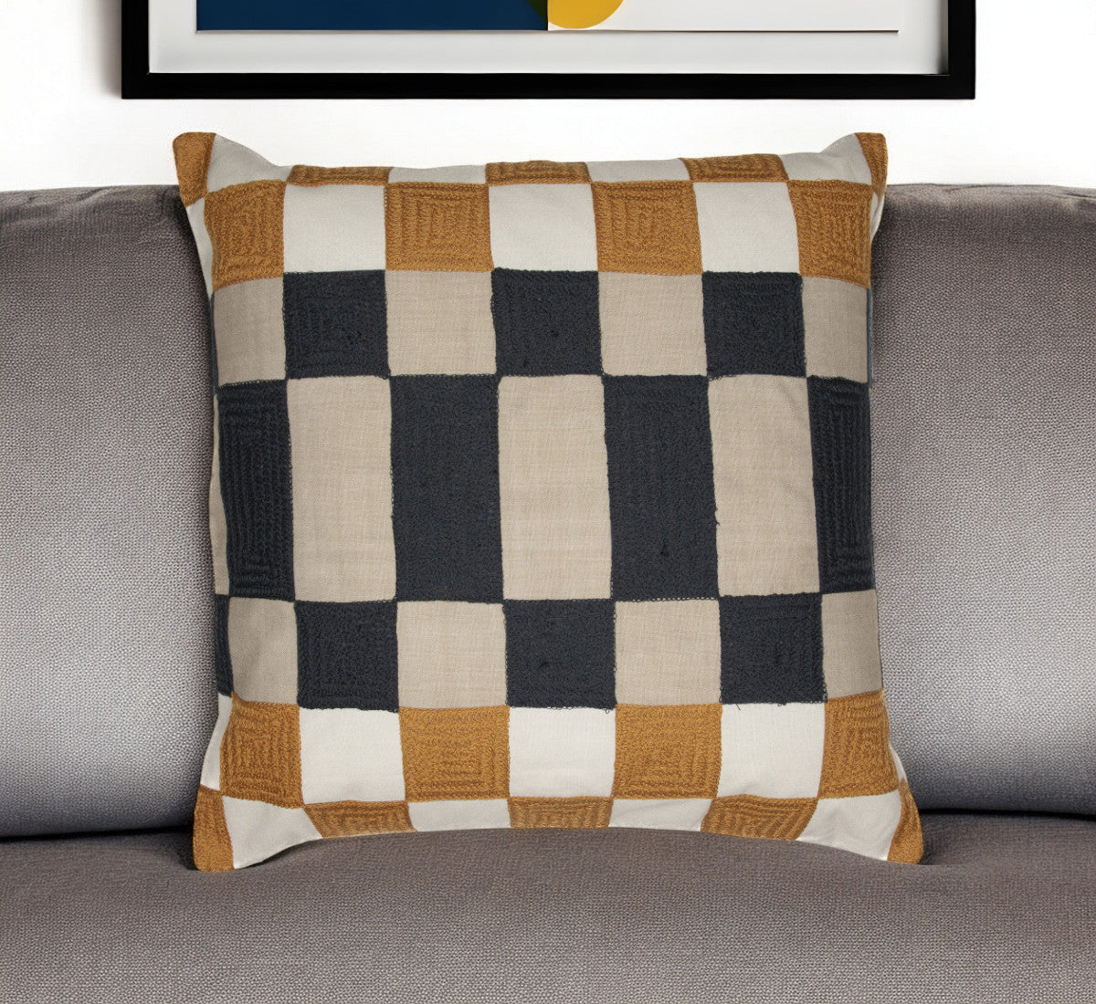 20" Navy Blue Check Throw Pillow With Embroidery