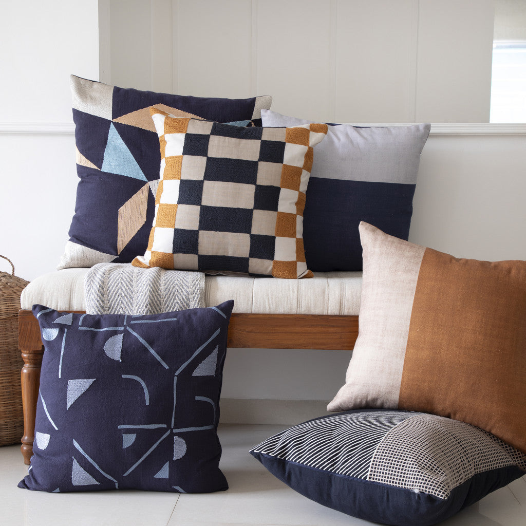 20" Navy Blue Check Throw Pillow With Embroidery