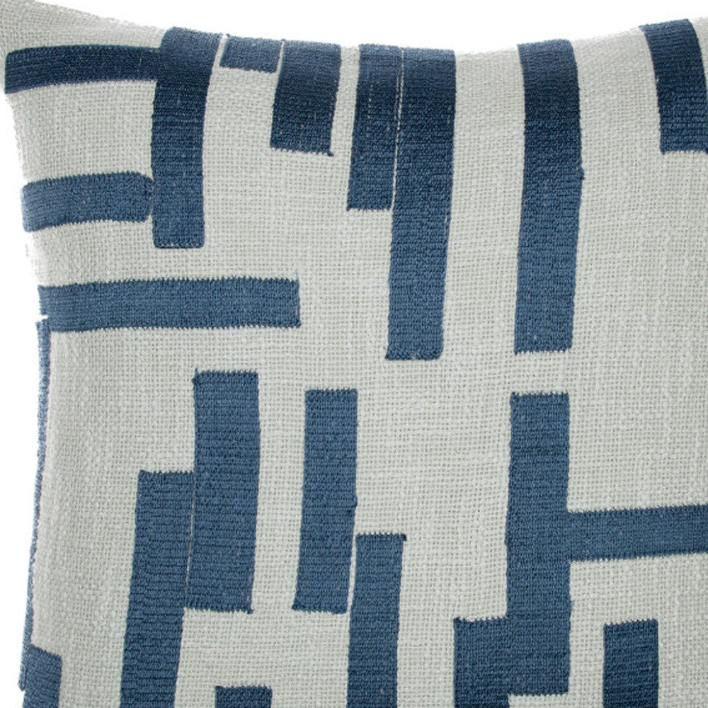 20" Blue and Ivory Geometric Cotton Blend Throw Pillow With Embroidery