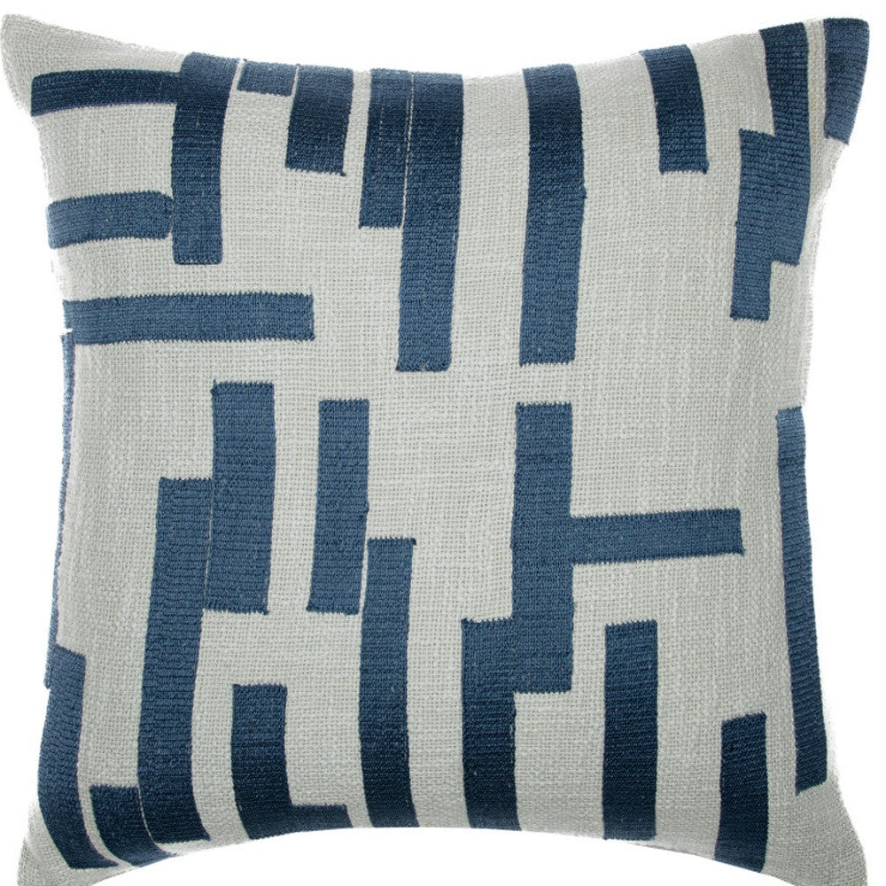 20" Blue and Ivory Geometric Cotton Blend Throw Pillow With Embroidery