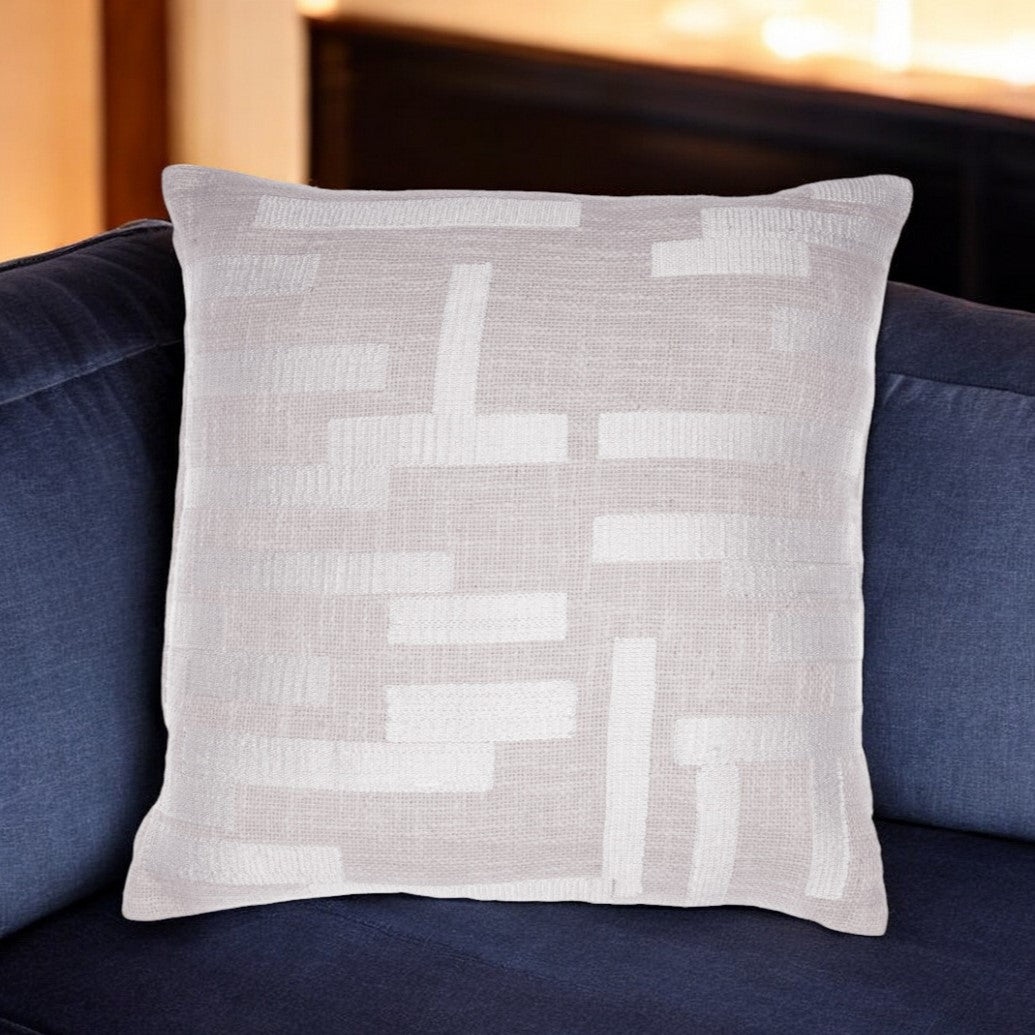 20" Blue and Ivory Geometric Cotton Blend Throw Pillow With Embroidery