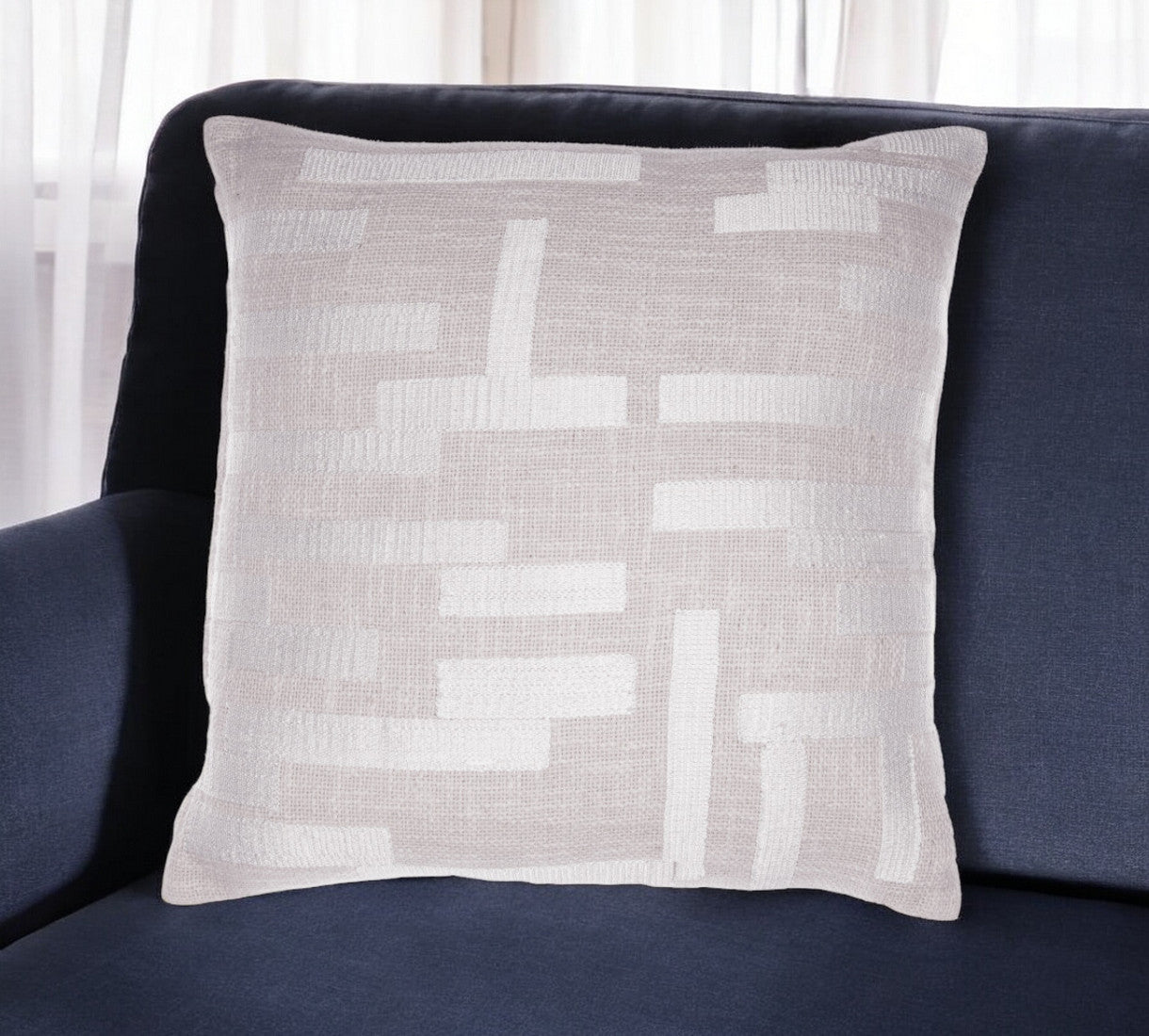 20" Blue and Ivory Geometric Cotton Blend Throw Pillow With Embroidery