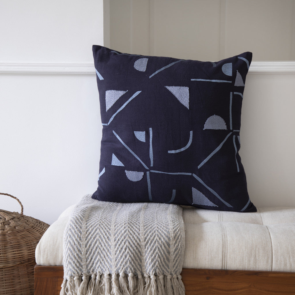 20" Blue Geometric Cotton Blend Throw Pillow With Embroidery