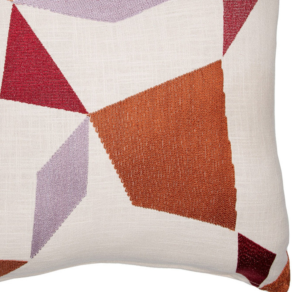 20" Taupe and Ivory Geometric Cotton Blend Throw Pillow With Embroidery