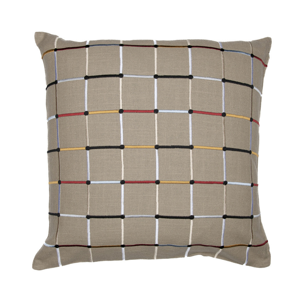 20" Beige Check Cotton Blend Throw Pillow With Embroidery