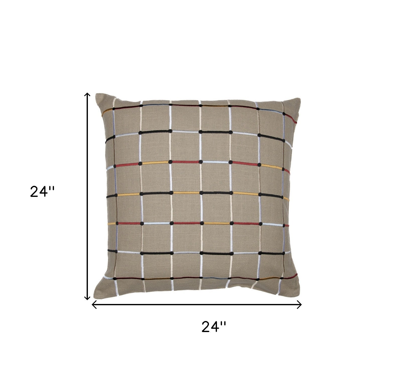 20" Beige Check Cotton Blend Throw Pillow With Embroidery