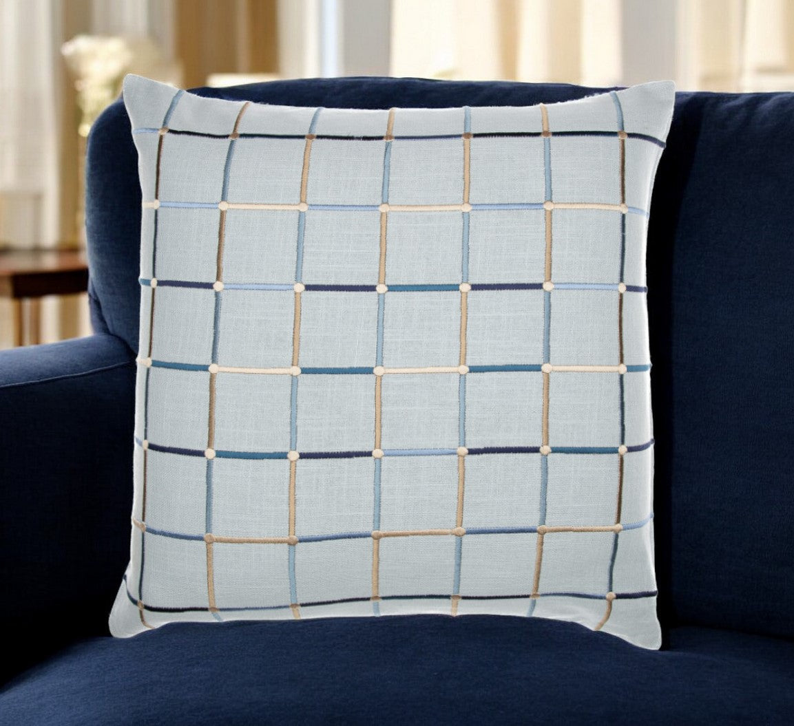 20" Beige Check Cotton Blend Throw Pillow With Embroidery