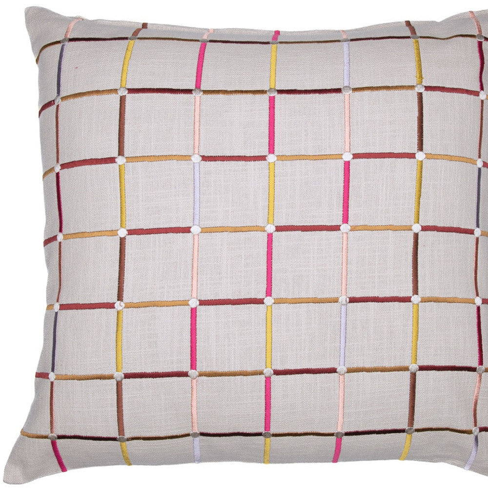 20" Beige Check Cotton Blend Throw Pillow With Embroidery