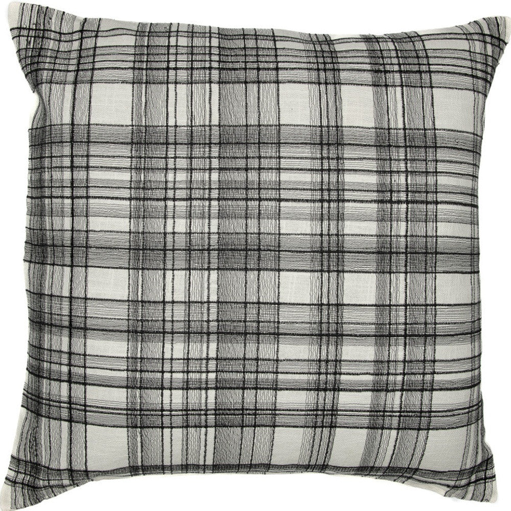 20" White and Black Check Cotton Blend Throw Pillow With Embroidery