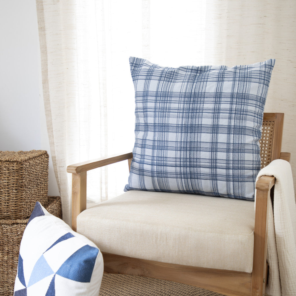 20" White and Black Check Cotton Blend Throw Pillow With Embroidery