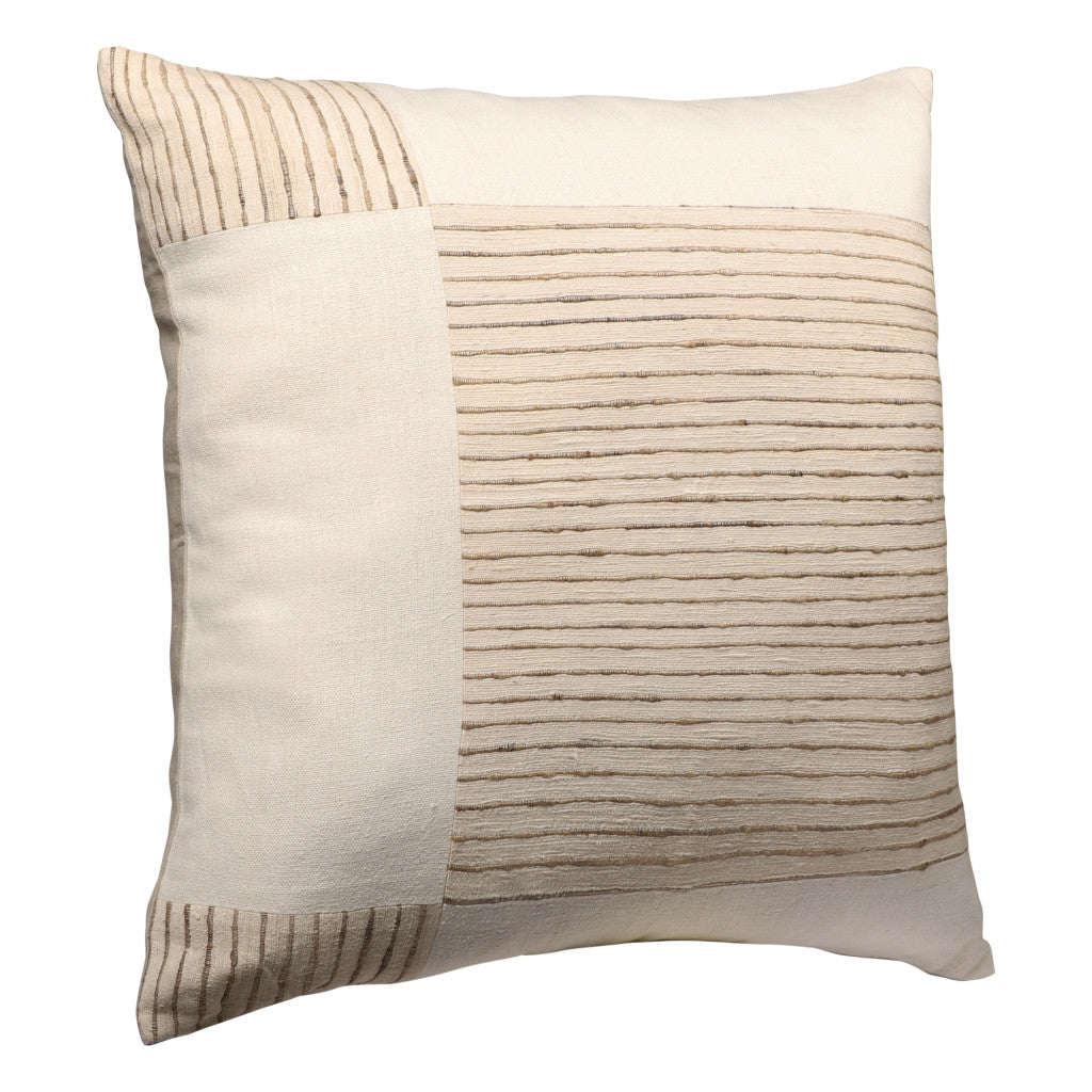 24" Beige and White Check Silk Throw Pillow With Embroidery