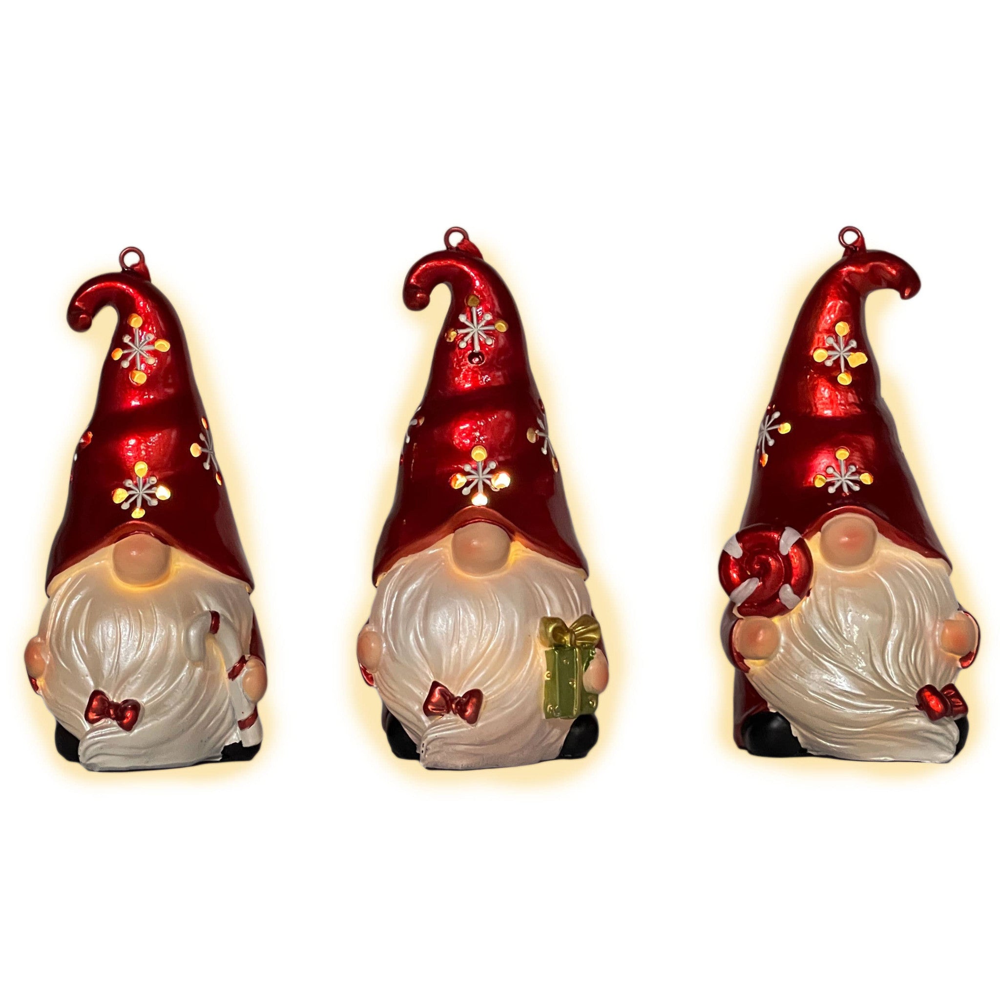 Set of Three Red and White Santa Gnome LED Light Up Christmas Ornaments