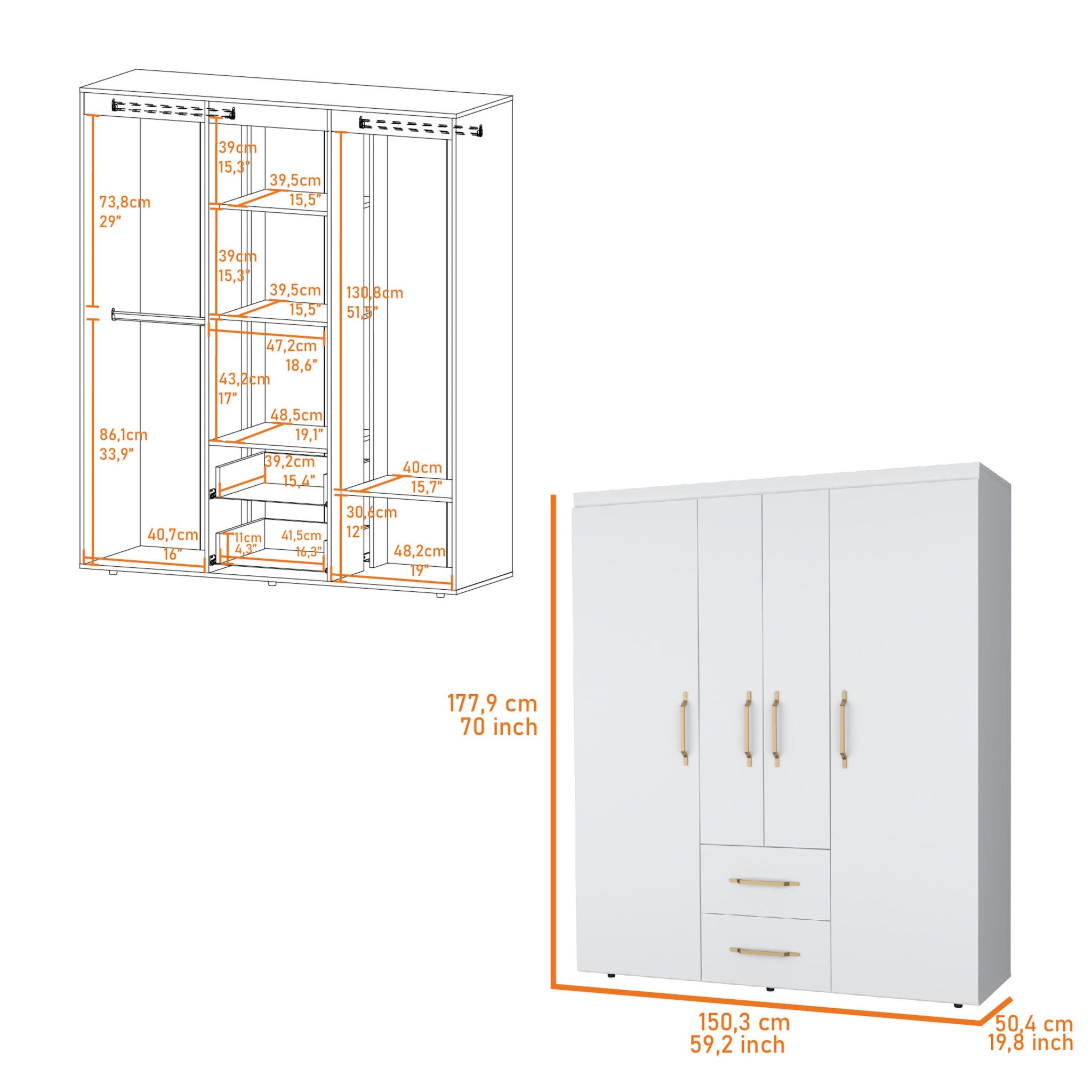 59" White Two Drawer Combo Dresser