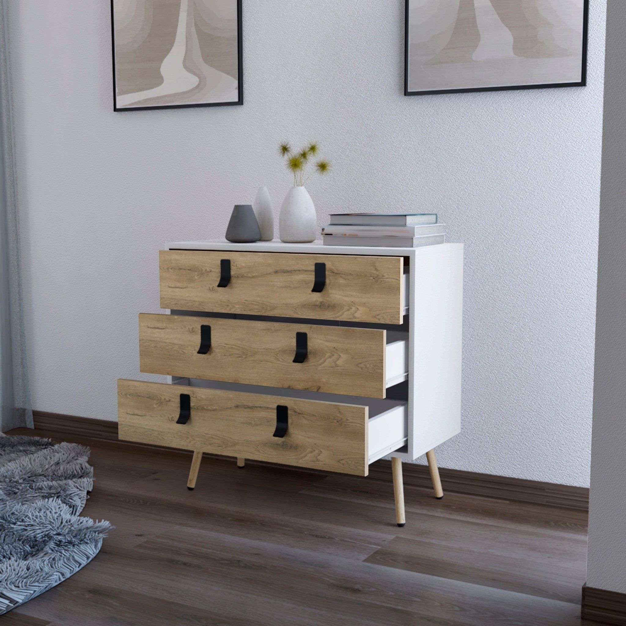 32" White and Natural Three Drawer Dresser