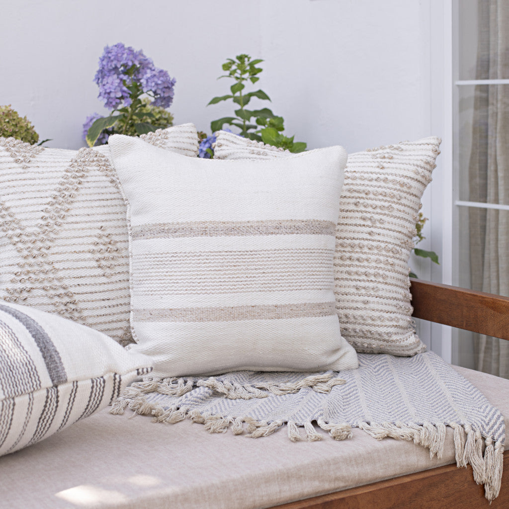 20" White and Natural Striped Throw Pillow