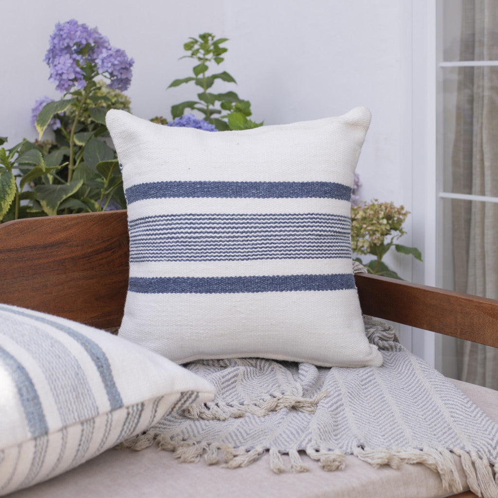 20" White and Natural Striped Throw Pillow