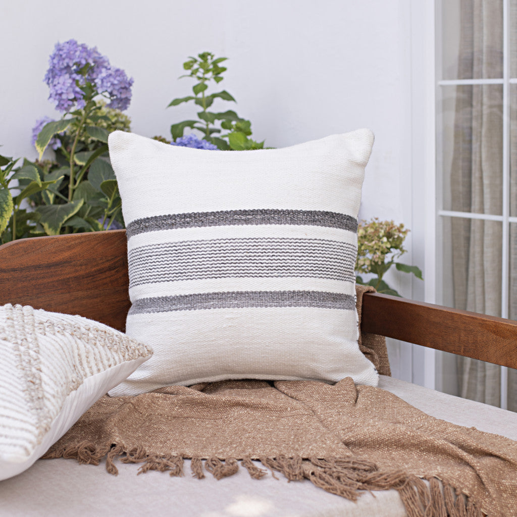 20" White and Natural Striped Throw Pillow