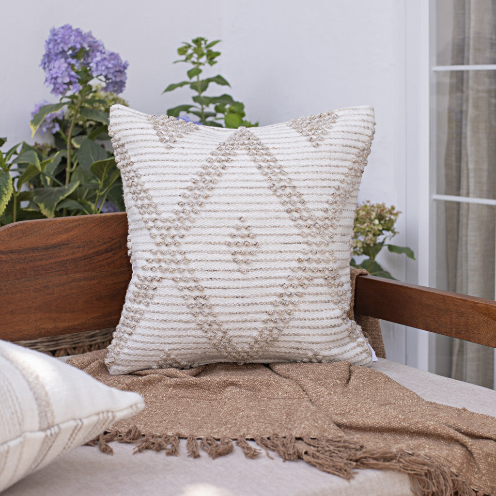 20" White and Natural Diamond Throw Pillow