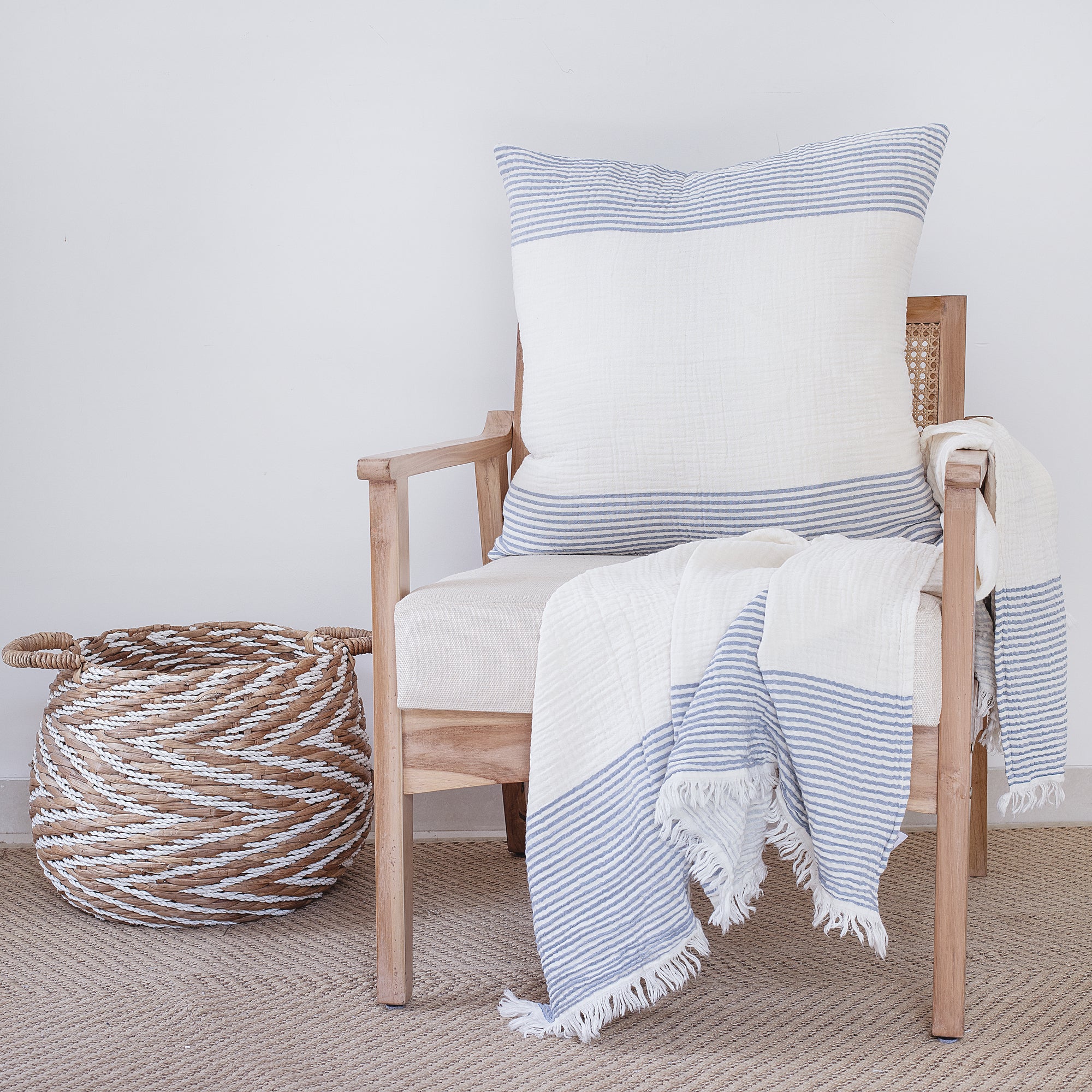 22" Blue Striped Cotton Throw Pillow