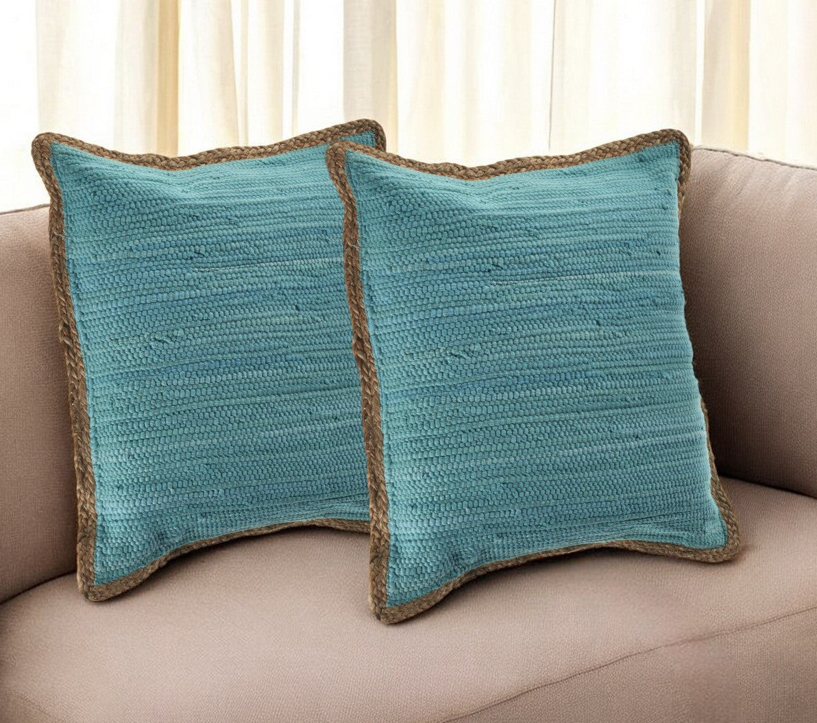 Set of Two Turquoise Cotton Throw Pillows With Ruffles