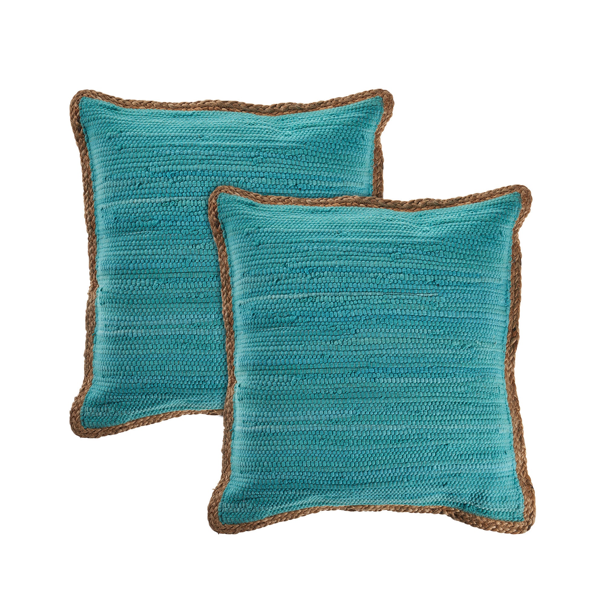 Set of Two Turquoise Cotton Throw Pillows With Ruffles