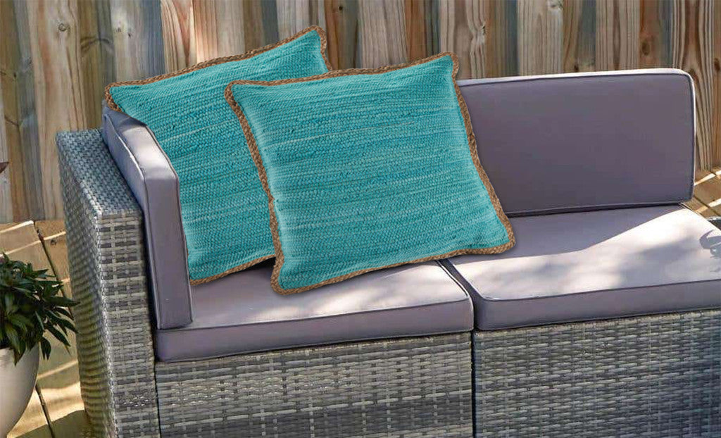 Set of Two Turquoise Cotton Throw Pillow With Ruffle