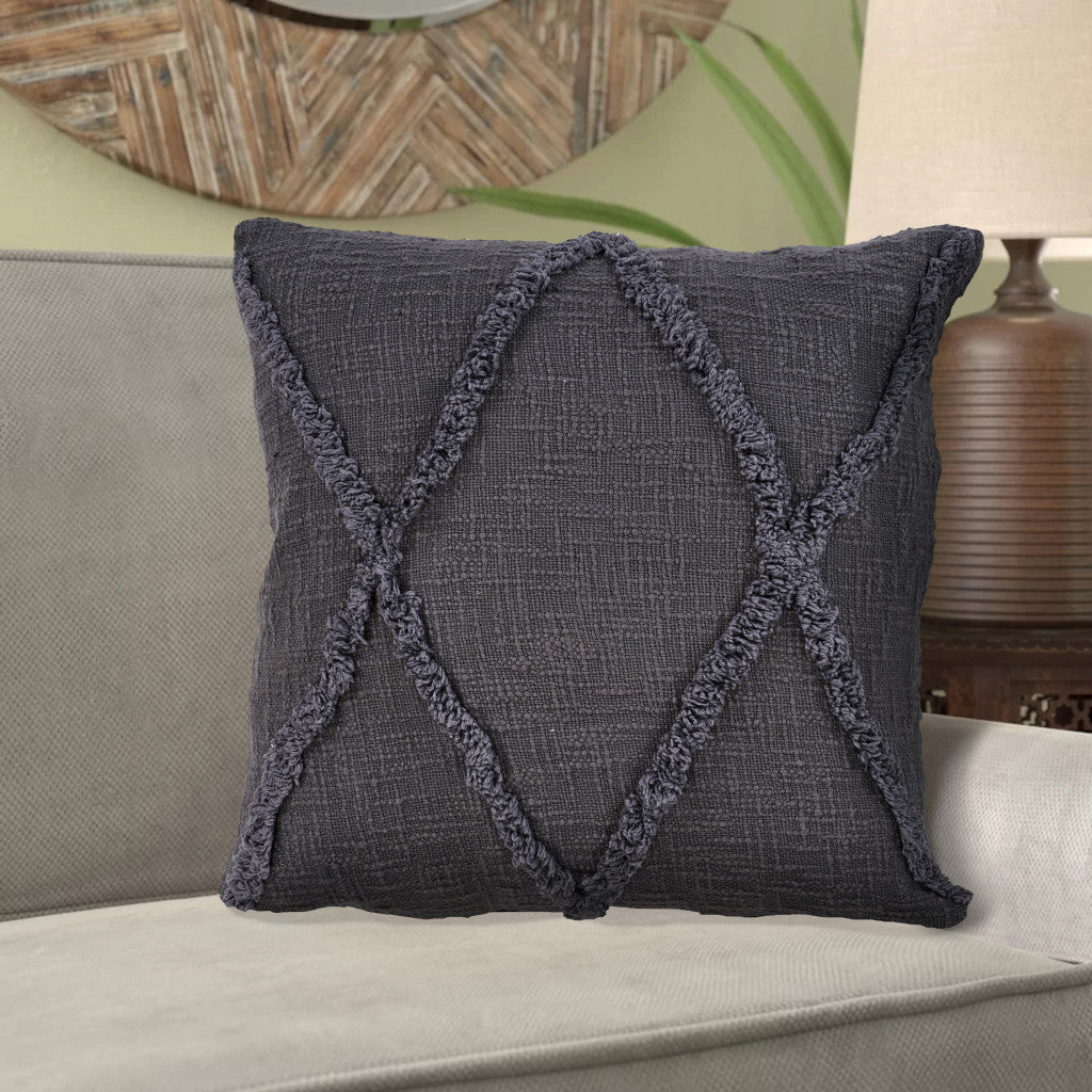 Set of Two Dark Gray Diamond Cotton Throw Pillow With Fringe