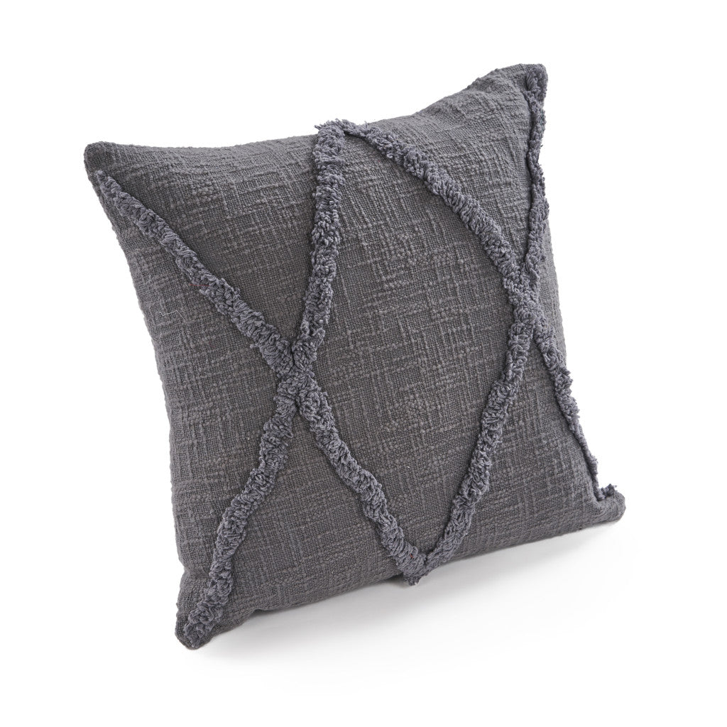 Set of Two Dark Gray Diamond Cotton Throw Pillow With Fringe