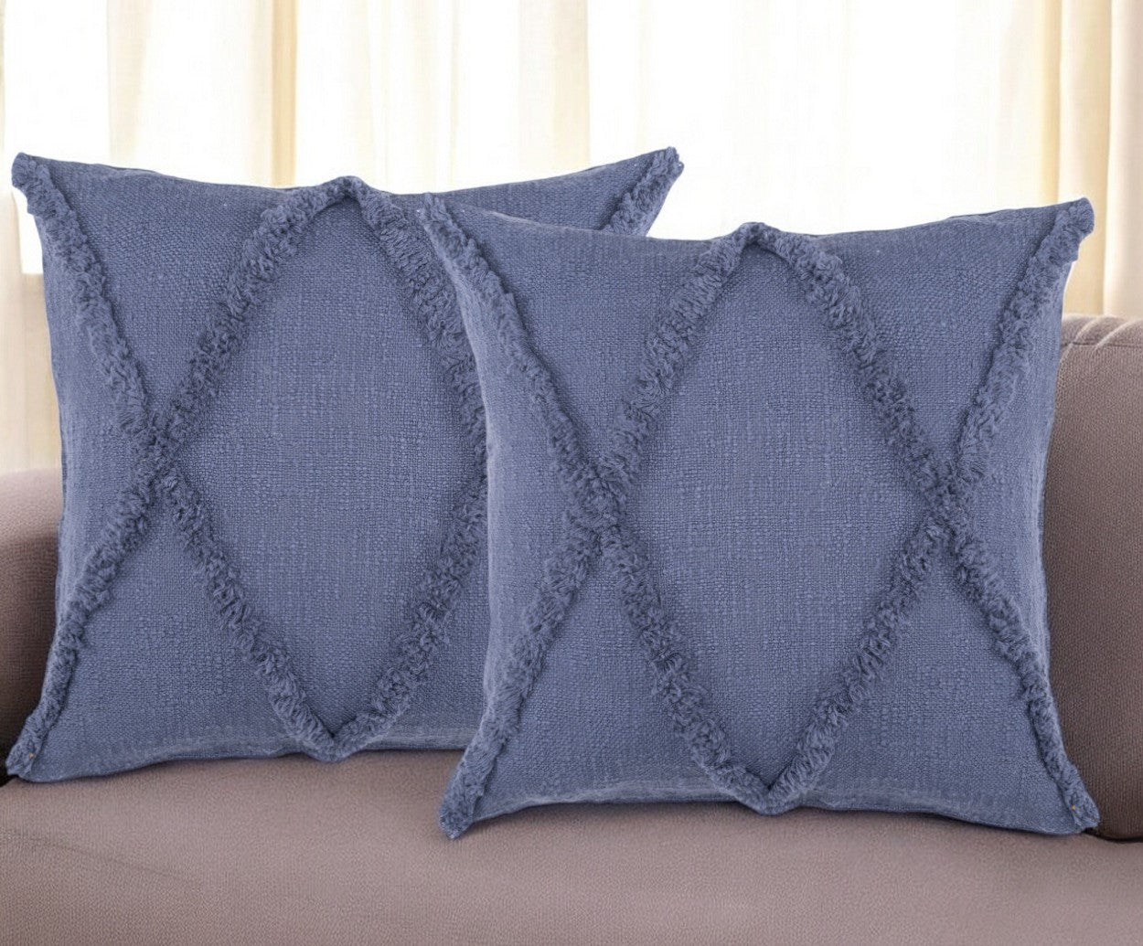 Set of Two Dark Gray Diamond Cotton Throw Pillow With Fringe