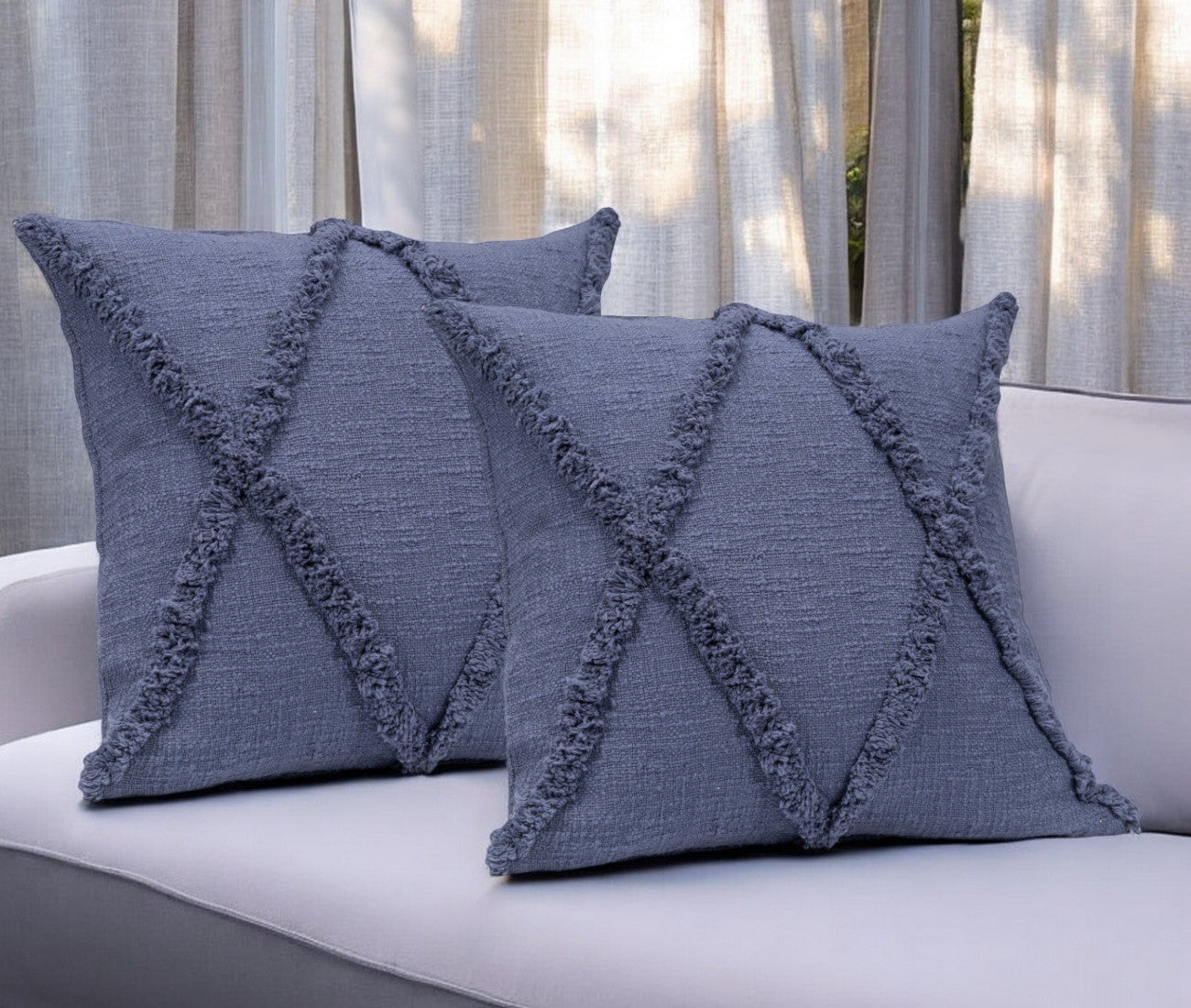 Set of Two Dark Gray Diamond Cotton Throw Pillow With Fringe