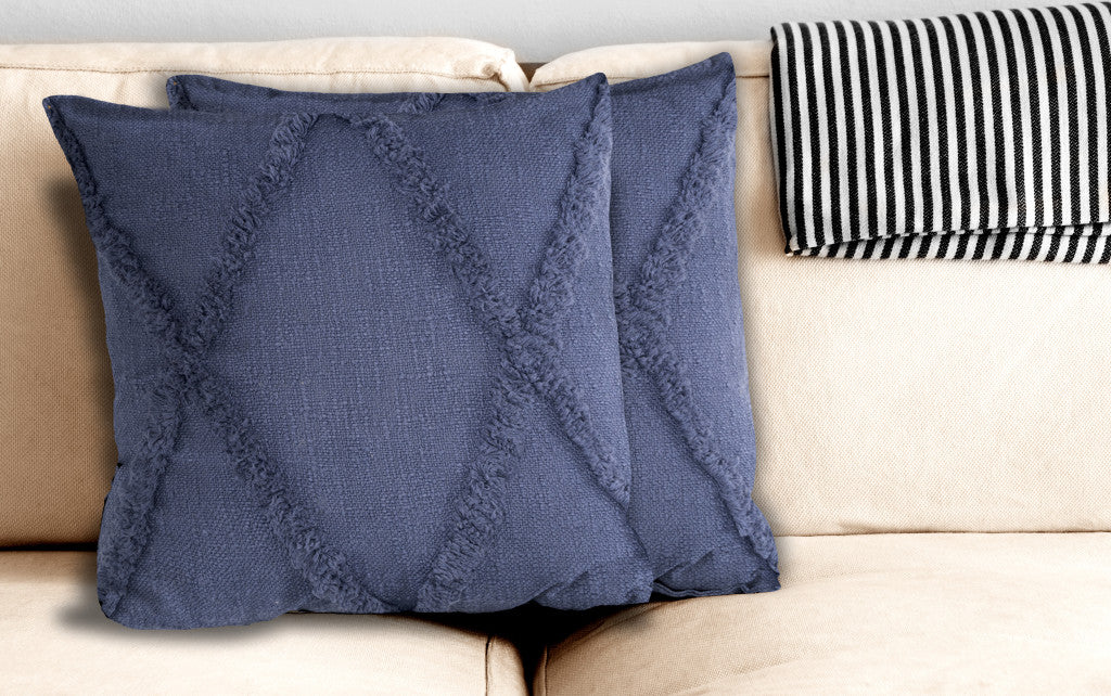 Set of Two Dark Gray Diamond Cotton Throw Pillow With Fringe