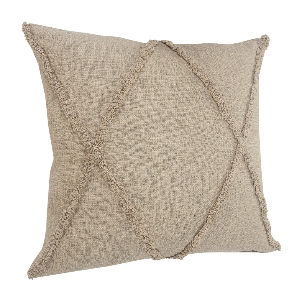 Set of Two Taupe and Brown Diamond Cotton Throw Pillow With Fringe