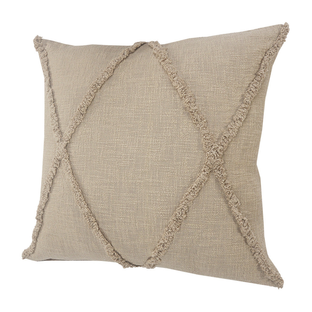 Set of Two Taupe and Brown Diamond Cotton Throw Pillow With Fringe