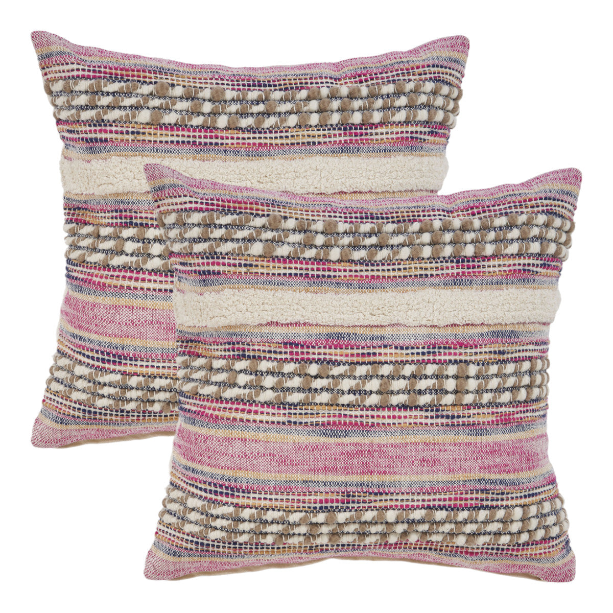 Set of Two Pink Striped Cotton Throw Pillow With Fringe